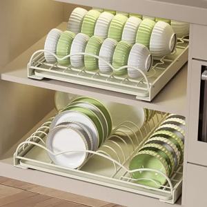 SXH  Household Bowl and Dish Storage Rack No-Drill Kitchen Cabinet Organizer Drawer Pull-Out Basket Carbon Steel Pull-Out Draining Bowl Rack