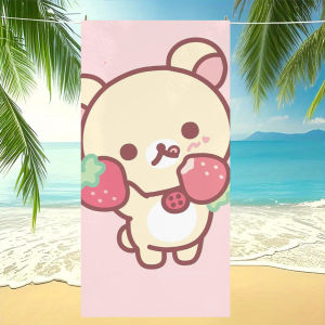 Potdemiel | Cute Bear Strawberry Print Beach Towel Pastel Pink Microfiber Quick Dry Bath Towel