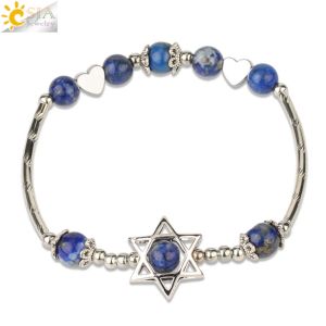 CSJA 6mm Crystal Hexagram Bracelet with Round Beads Natural Stone Star of David Heart Charms Elastic Bangle for Women G164