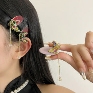 Retro Chinese Style Red Zircon Butterfly Hairpin Flash Diamond Tassel Side Clip Ethnic Style New Year Headwear Fashion Accessories