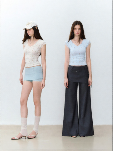 via pitti | Floral Mesh Splice V-Neck Drawstring Short Sleeve T-shirt