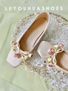 Genuine Leather Chinese Style Ballet Flats Womens Shoes Bow Tie Slip-On round Toe Rubber Outsole Floral Silk Embellished