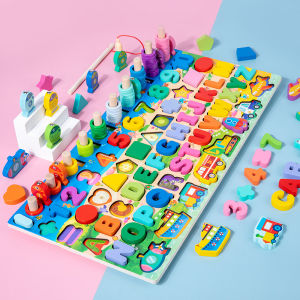 Childrens wooden fishing logarithmic board shape matching three-dimensional jigsaw puzzle multi-functional computing early education cognitive educational toys
