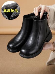 Leather Short Boots Womens Fleece-lined 2024 New British Style Vintage Leather Boots Heattech Fashion Cotton Shoes Full Cowhide Womens Boots Winter
