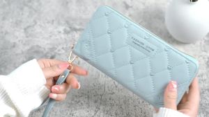 New handbag fresh and sweet mid-length womens purse solid color PU leather embroidered purse