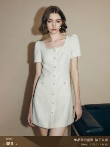 Famanxuan White Square Collar Bubble Sleeve Dress Womens Summer New High-End Lightweight Luxury Fashion Elegant Dress