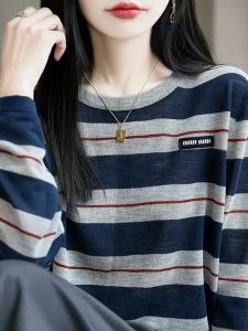 Retro Color Block V-Neck Lazy Striped Long Sleeve Open Cardigan Womens Korean Style Slimming Early Autumn Loose Outerwear Top