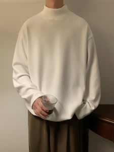 White Fleece Lined Half High Collar Mens Sweatshirt Long Sleeve Base Layer Shirt Premium Feel Inner Wear T-Shirt for Autumn Winter