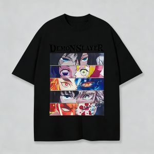 Bandai | Mens Demon Slayer Anime T-Shirt Black Cotton Multi-Eye Character Graphic Short Sleeve Tee for Otaku Casual Daily Wear Campus