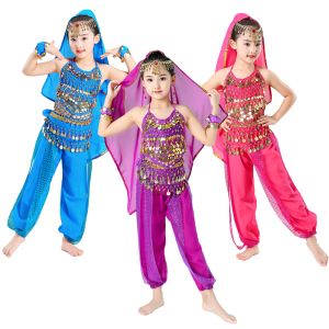 LOlanat 5Pcs/8PCs Indian Belly Dancer Costumes for Girls Kids Halloween Outfits Children School Sequin Dance Performance Set Halter Tops Pants Veil Headdress Waist Chain