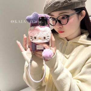 Cute 3D Felt KT Cat Phone Case for iPhone 16 pro Apple New Model 15 Woolen Velvet Strap 14 pro Women 13 Hanging Rope Soft Protective Cover