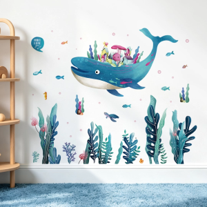 Decal Dán Tường Cá Voi Thành Phố Biển Có Keo Sẵn 160x130cm – Trang Trí Phòng Bé Phong Cách Đại Dương