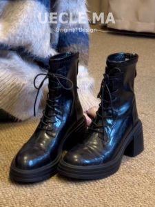 MASHUJIA | Giày Boot Cổ Ngắn Cho Phụ Nữ Nhỏ Bé Gót Cao Đế Dày
