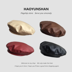 Casual PU Leather Beret Hat Womens Spring Autumn Thin Black Korean Japanese Style Versatile Leather Painter Cap Trendy