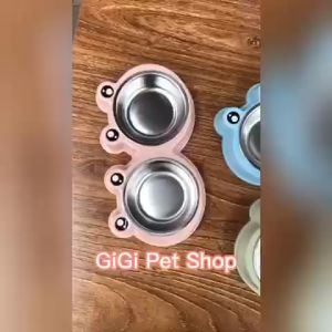 Chén bát đôi hình ếch khay đựng thức ăn nước uống cho thú cưng chó mèo nhiều màu giao ngẫu nhiên - GiGi Pet Shop