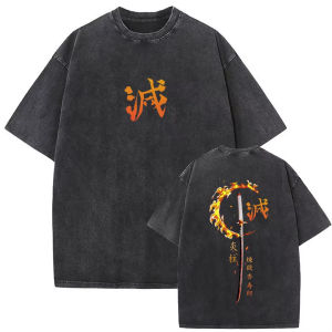 Bandai | Summer New Vintage Wash Demon Slayer Anime Graphic T Shirt Nezuko Print Men Women Cotton Short Sleeve Streetwear Casual Tops