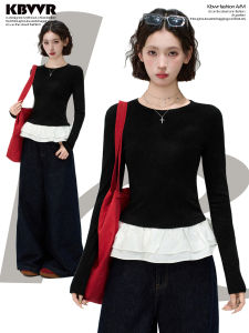 KBVVR | Black Lace Trimmed False Two-Piece Long Sleeve T-Shirt
