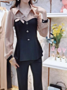 Spring 2025 Womens Fashion Long Sleeve Set Slimming Tummy Covering Fake Two-Piece Patchwork Top Bottoms Two-Piece Set Trendy