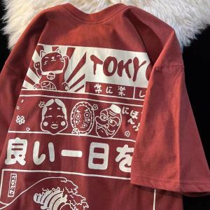 Couples Red Short Sleeve T-Shirt Cartoon Print Loose Fit Korean Style Commute Cotton Casual Summer Top for Young Women