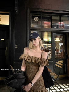 Summer Slim Fit One Shoulder Dress Womens Holiday Style Brown Ruffle Hem Commute Single Piece Short Sleeveless Korean Fashion