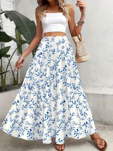 Printed Design Four Seasons Leisure Style Blue Flower Pattern Printed Half Skirt