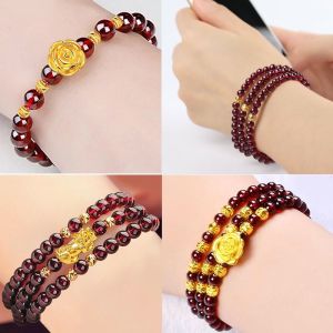 Rose Flower Couple Bracelets Ladies Beads Wine Red Imitation Rhodochrosite Women Bracelet Sand Gold Accessories
