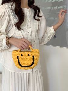 CHAWOOL Womens Bucket Handbag Knitted Smiley Face Bag Hook Needle Portable Soft Cotton Bag Youth Fashion Spring Autumn