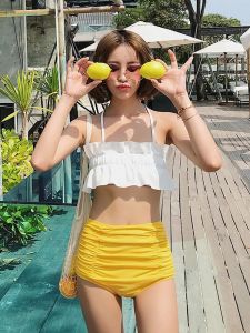 สามเหลี่ยมเอวสูง ชุดว่ายน้ำ ผู้หญิง ยืดได้ ผ้าไนลอน พรางหุ่น กาแฟ สีเหลืองมะนาว หมอก น้ําเงิน ไวน์แดง สีดำ นม สีขาว