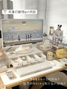 Desktop Computer Riser with Drawer Office Desk Organizer Storage Shelf Wood Material Tabletop Placement for Office Supplies