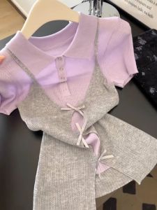 TIANANQI | Summer Loose Lazy Style Design Large Purple Knitted Fake Two Pieces T-Shirt