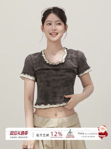 Retro Tie Dye Wood Ear Trim Fake Two-Piece Womens T-Shirt