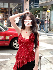 Red Small Floral Asymmetrical Ruffled Spaghetti Straps Vest Womens Summer Stylish Waist-Tight Silm Sleeveless Ribbon Tops
