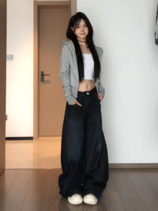 American High Street Style Faded Knife Edge Denim Jeans Womens Summer New High Waist Loose Slim Wide Leg Floor Length Pants