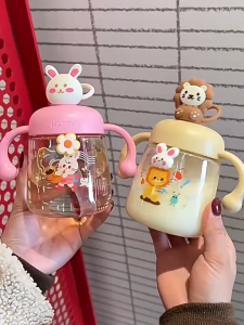 Baby Water Bottle Straw Cartoon Milk Cups Learning Cup Leak Proof Non Spill Tritan BPA Free Portable Cawan Susu Bayi