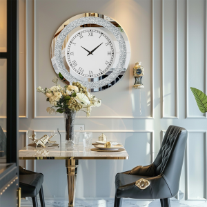 UNHO นาฬิกาแขวนผนัง นาฬิกาแขวน Round Mirror Clock with Silver/ Tawny Tinted Crystal Crushed Diamond