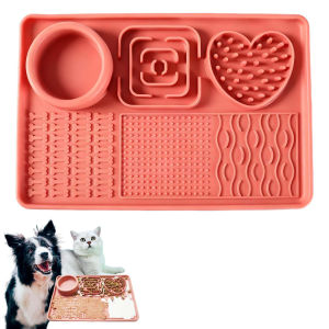 Licking Pad Mats 6 in 1 Reddish Orange for Butter Yogurt Peanut Frozen Food Dog Slow Feeder Puzzle Bowl Silicone Anti-Slip Pets Treats Feeding Mat Collapsible Dog Water Bowl