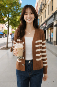 Stella Fashion Womens Striped Knitted Cardigan | Brown & Cream Casual V-Neck Long Sleeve Outerwear