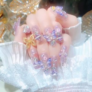 Buatan Tangan Memakai Patch Kuku Ungu Berkilau 3D Kupu-kupu Aurora Planet Stiker Kuku Palsu