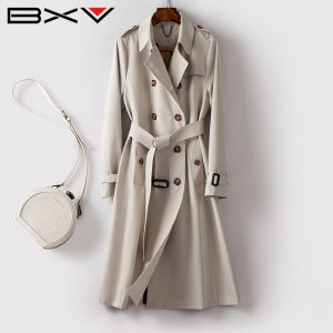 Classic British Style Womens Mid-Length Coat Jacket Cotton Polyester Blend Double-Breasted Long Sleeve Pure Color Street Style