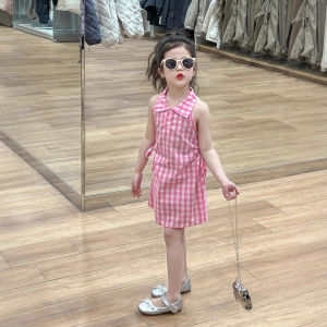 ชุดเดรสคอโปโลแขนกุดลายสก็อตสำหรับเด็กผู้หญิง ช่วงเอวเปิดดูดี กระโปรงทรงคอตตอนสไตล์เจ้าหญิงสำหรับฤดูร้อน