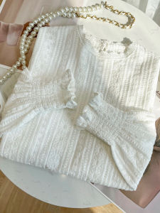 Pure Cotton White Womens Long Sleeve Shirt Spring New Style Korean Version round Neck Lace Base Layer Top Comfortable Casual