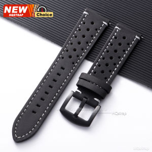 Butterfly Clasp Perforated Breathable Watch Strap 18/19/21/24/20/22mm Smartwatch Leather Vintage Wristband Black Pin Buckle Band