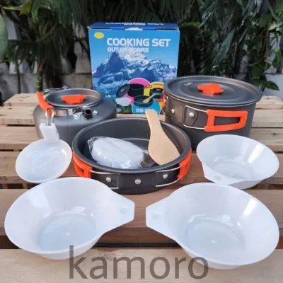 Cooking Set Camping DS-308 Nesting Plus Teko 1.1L Panci Wajan Alat Masak Outdoor Aluminium Anti Lengket 3-4 Orang Hiking Piknik