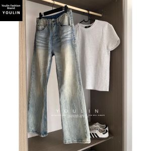 YOULIN | OOTD Style Lightning Stripe Denim Pants And Shoulder Cut T-shirt Set