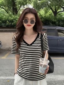 Áo Thun Sọc Vòng Cổ Dài Tay Ngắn Ôm Dáng Kích Cỡ Lớn