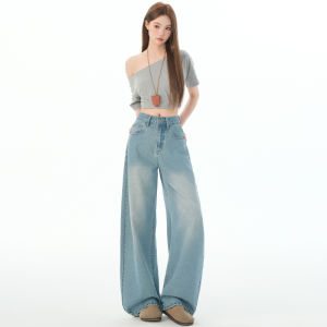 กางเกงยีนส์ขากว้างเอวสูงสไตล์อเมริกันสำหรับผู้หญิง ทรงตรง ทรงหลวม ทรงหลวม กางเกงขายาว ทรงเข้ารูป สีน้ำเงินอ่อน