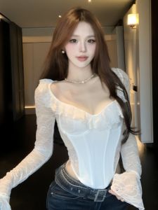 GUZILIAN | Áo thun tay áo ống loe ngắn ôm vừa vặn phong cách Hàn Quốc mùa hè cho nữ cổ chữ V tay dài chất liệu khác