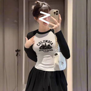 Áo Thun Cotton Cổ Tròn Màu Tương Phản Thời Trang Nữ Dáng Ôm Vừa Vặn Ngắn Mùa Xuân Thu Thường Ngày Dài Tay in Họa Tiết Hoạt Hình