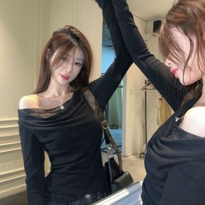 White One-Shoulder Slimming Design Korean Style Womens T-shirt Inner Wear Autumn New Arrival Pure Color Long Sleeve Top