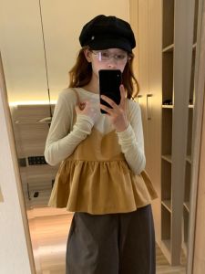 Korean Style Pleated Hem Design Corduroy Strap Vest Womens New Autumn 2025 Sleeveless Top Layering Fashion Set round Neck